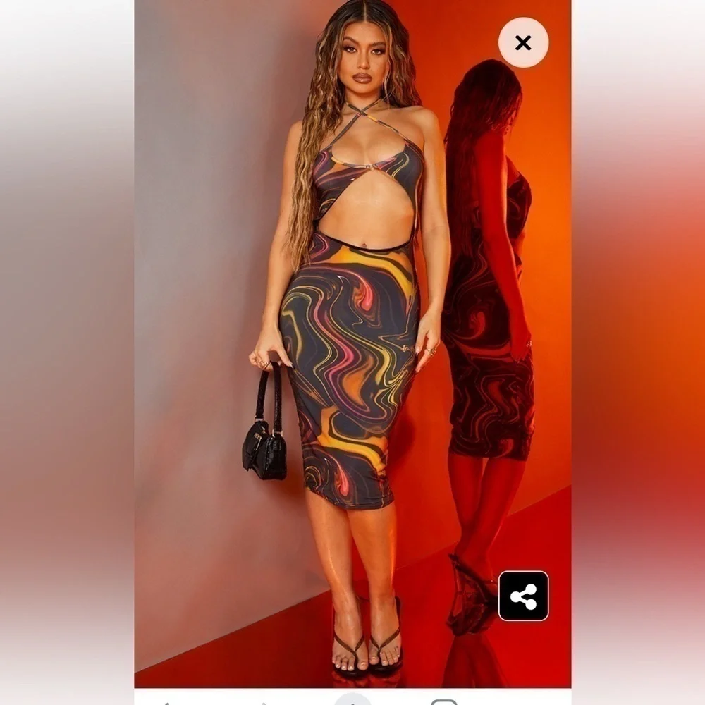 PRETTYLITTLETHING Orange Marbel Print Cut out Dress Size 4